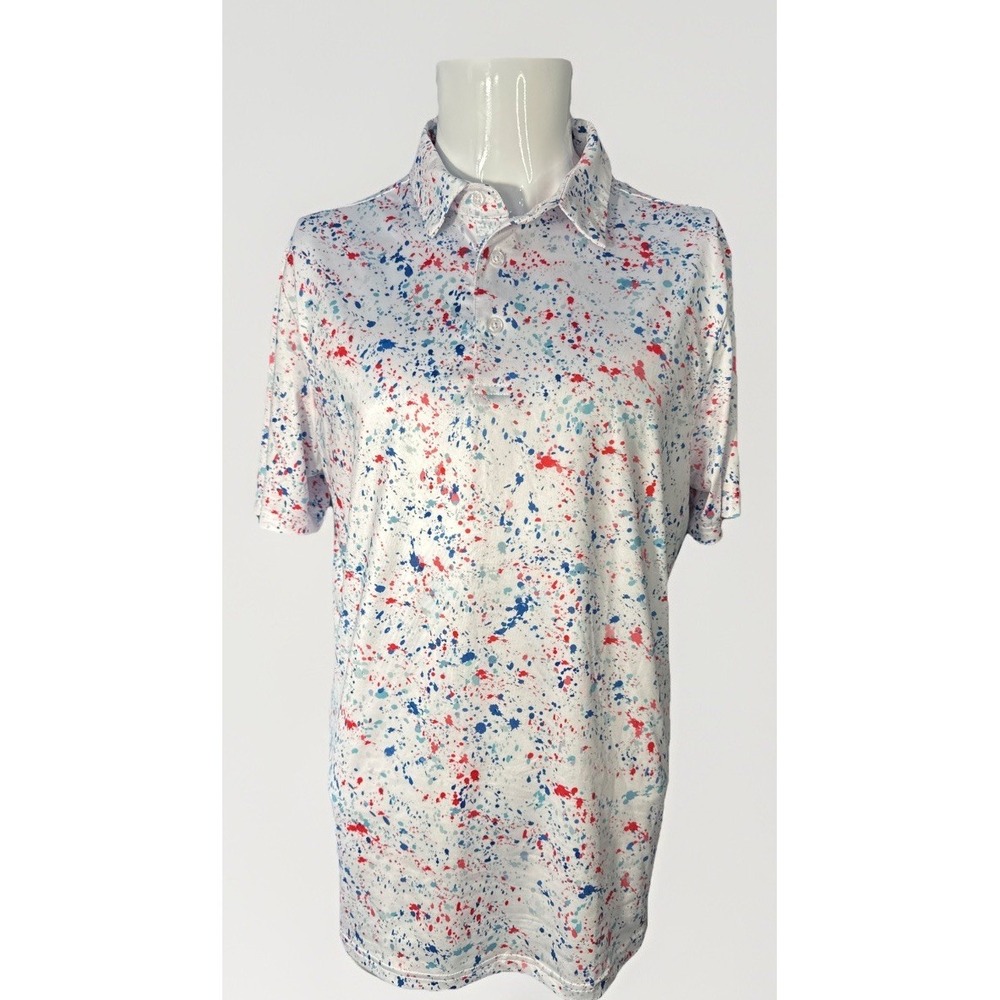Obla Performance Golf Polo Shirt Mens Medium White Red Blue Paint Splatter